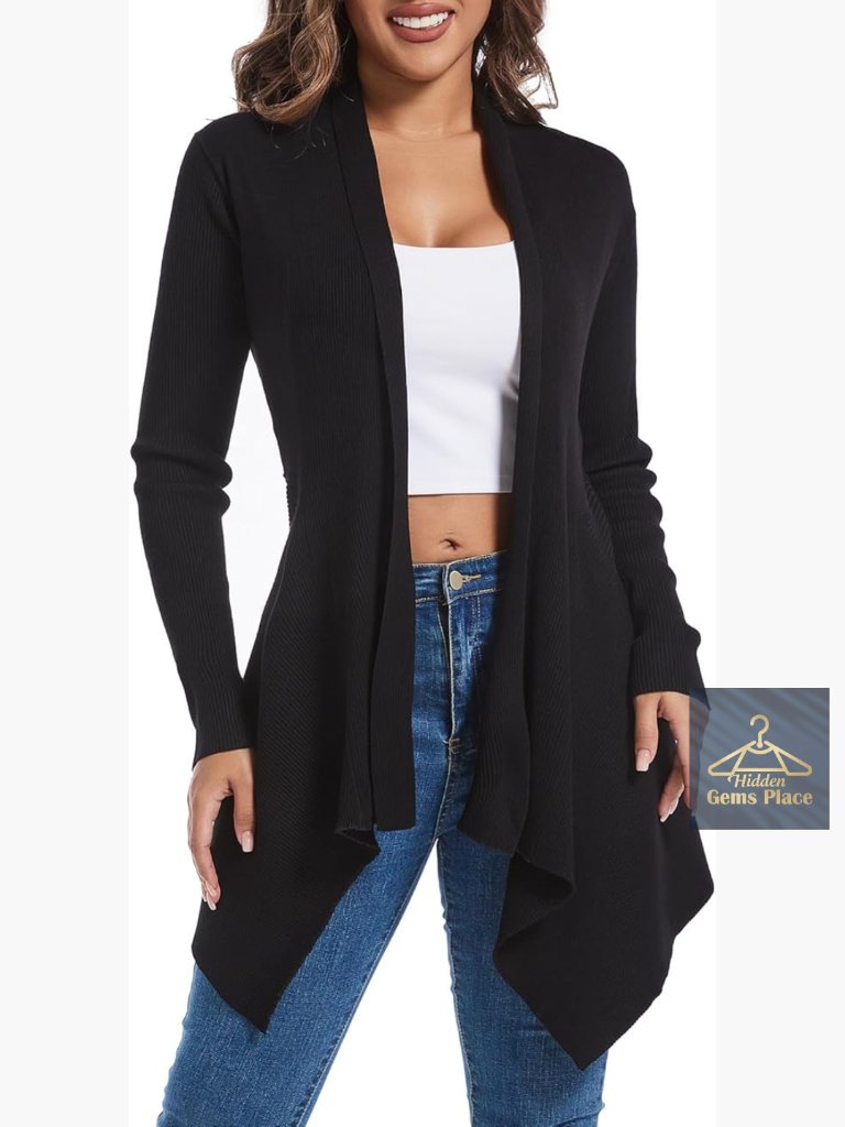 Ribbed Knit Open Front Cardigan, Long Sleeve Asymmetrical Hem Draped Layering